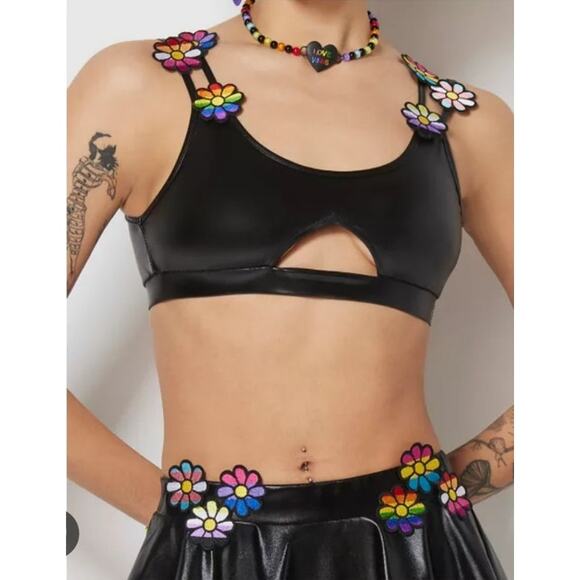 Body Rage rainbow flower faux leather cutout rave festival bra top pride S - Picture 2 of 9